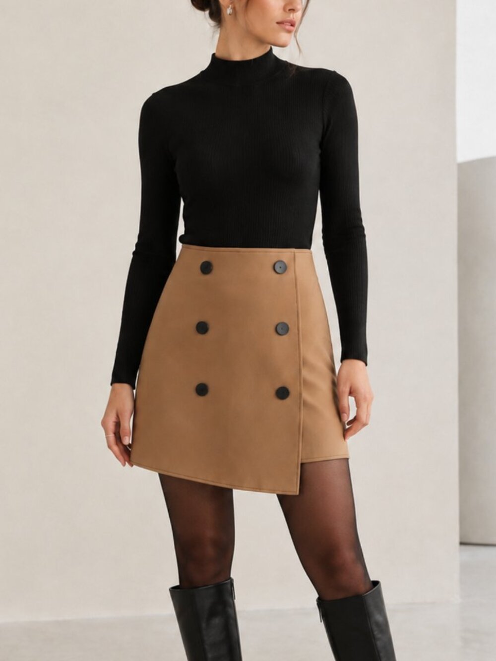 Tan Faux Leather Asymmetrical Wrap Mini Skirt Edgy Utility Chic M C/MEO New